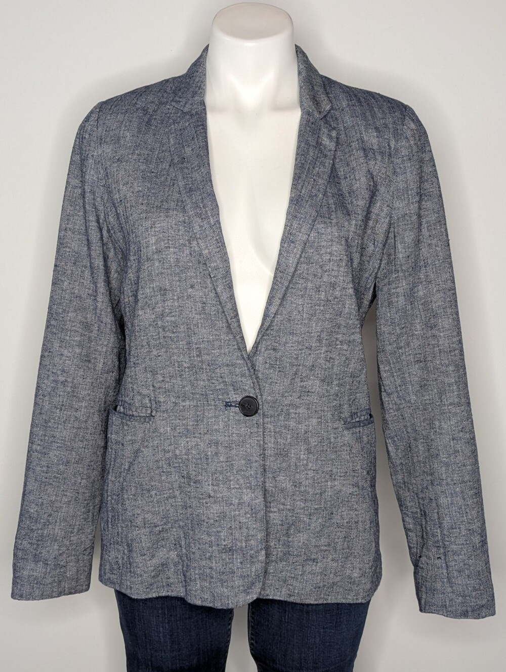 Banana Republic Factory Blue White Cotton Linen Deep V Blazer Jacket 6